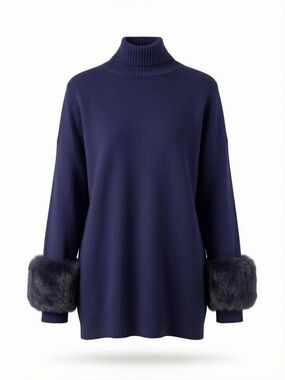 Women’s Saks Fifth Avenue Turtleneck Sweater with Faux Fur Cuffs in Navy Size L